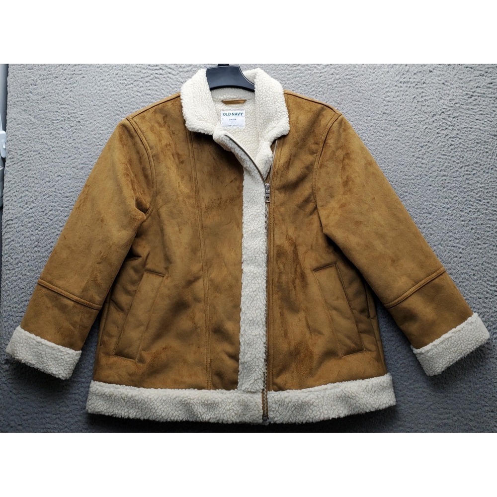 Old Navy Faux Suede Jacket Womens LP Brown Sherpa Lined Warm Winter Clipside Zip